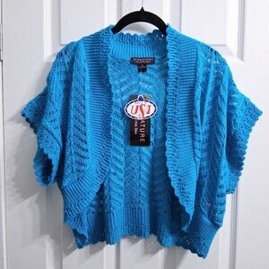 Robbie Bee Crochet Cardigan Bolero Cropped Jacket Short Sweater Turquoise Blue
